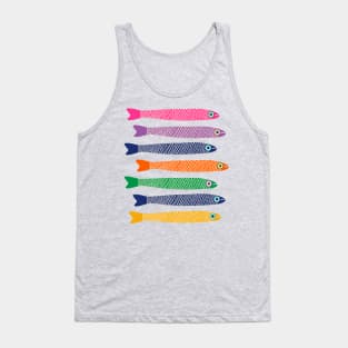 ANCHOVIES Bright Graphic Fun Groovy Fish in Rainbow Colors on Cream - Horizontal Layout - UnBlink Studio by Jackie Tahara Tank Top